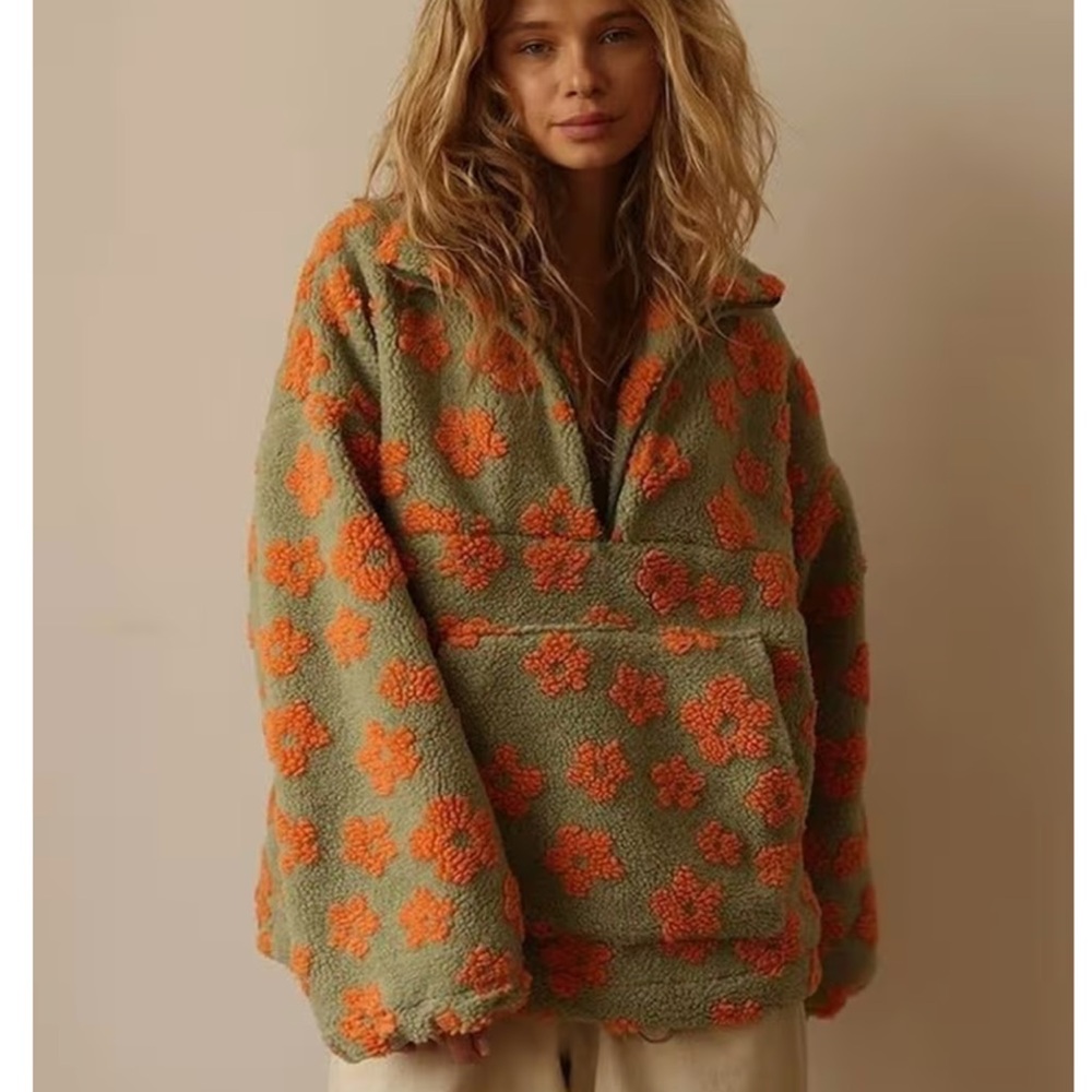 NEW! Boho floral Olive & Orange Floral Sherpa Pullover Jacket